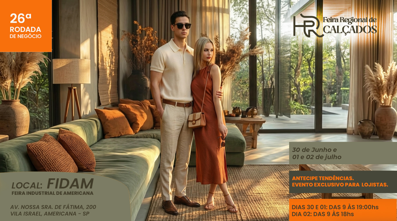 Banner da 26ª Rodada de Negócio da Feira Regional de Calçados HR na FIDAM Americana. Casal de modelos em ambiente moderno apresentando calçados e tendências para lojistas